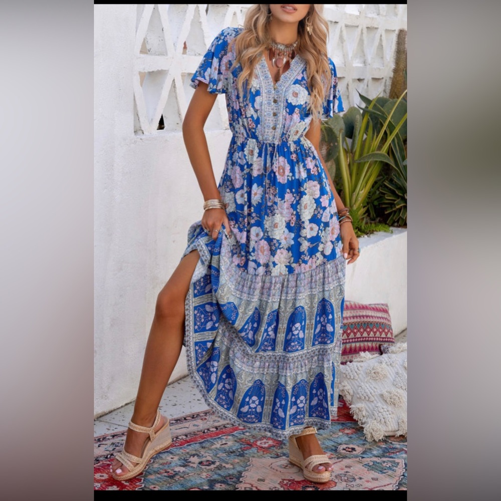 Blue print floral buttoned v neck drawstring high waist maxi dress
